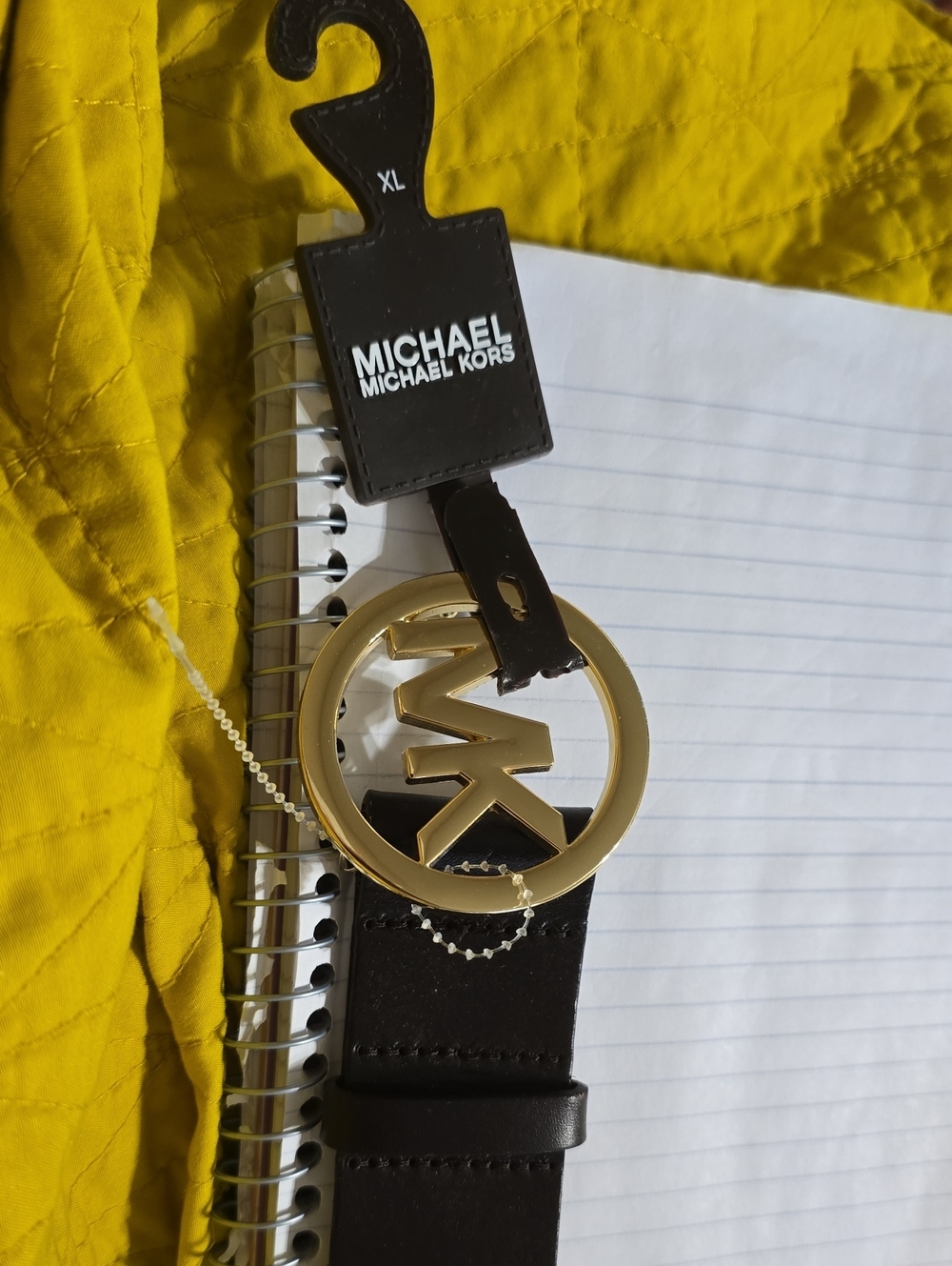 Michael Kors Black Leather Belt with Gold MK Circle Buckle XL